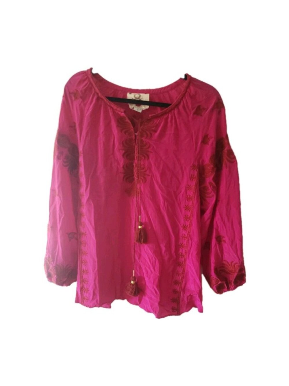 Figue Top Silk Peasant Blouse Embroidered Boho Tassel Hot Pink S
